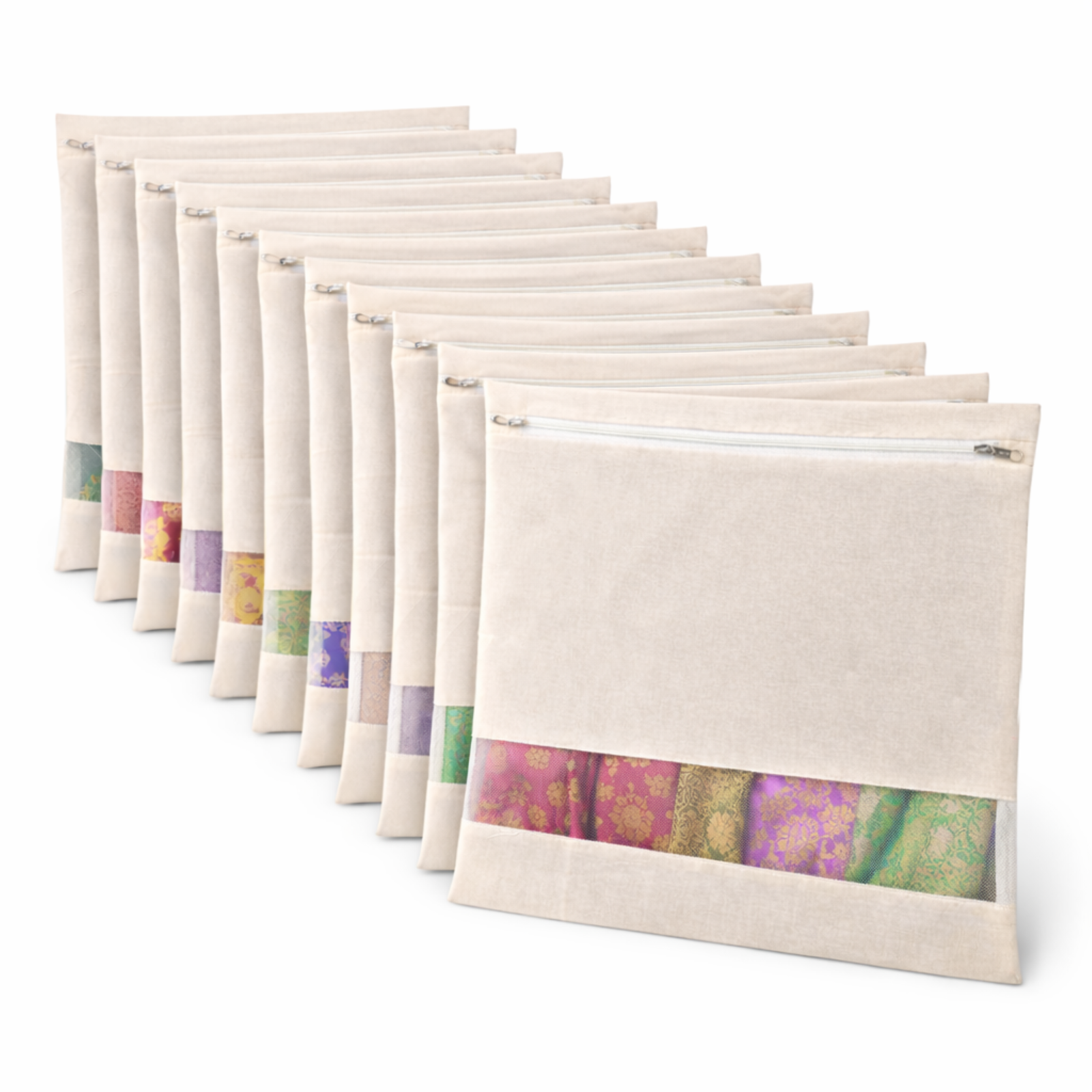 Organic Buzz Cotton Saree Bags/Covers For Storage Set Of - 12 Big Size Single (16 X 14 Inches) With Zip Closure For Clothes Bags And Wardrobe Organizer With Transparent Mesh Window, Beige Image