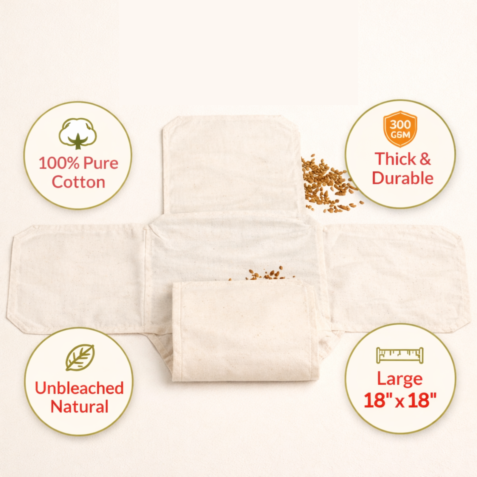 Organic Buzz Brand 2 Pieces Cotton Double Layer Roti Wrap With Flaps - Muslin Cloth For Chapati And Hot Case Kitchen - Roti Cloth,Beige Image 