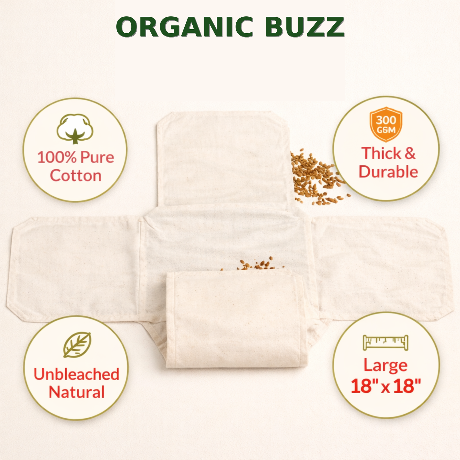 Organic Buzz Brand 2 Pieces Cotton Double Layer Roti Wrap With Flaps - Muslin Cloth For Chapati And Hot Case Kitchen - Roti Cloth,Beige