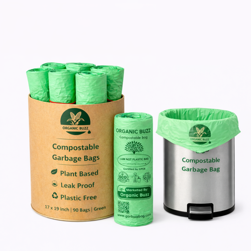 Brand - Organic Buzz! - ECO Friendly Garbage Bags | Small - 90 Bags (6 Rolls, 15 bags each) | 17 X 19 Inches | Compostable & Biodegradable | Leak-Proof, No Smell | For Dry & Wet Waste Bag Image