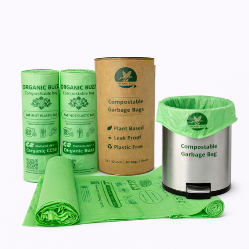 Brand - Organic Buzz! Garbage Bags | Large | 40 Count | 10 Bags X 4 Rolls | 24 X 32 Inches | For Dry & Wet Waste | Green Image