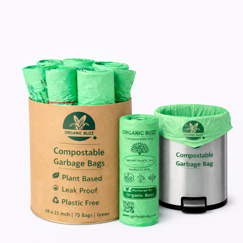 Brand - Organic Buzz! - ECO Friendly Garbage Bags | Medium - 75 Bags (5 Rolls, 15 bags each) | 19 X 21 Inches | Compostable & Biodegradable | For Dry & Wet Waste Bag Image