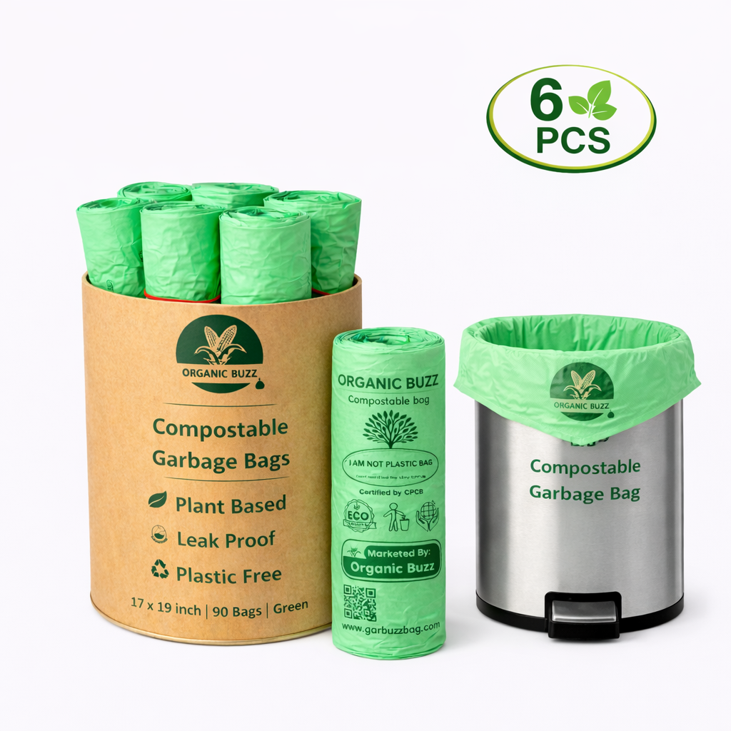 Brand - Organic Buzz! - ECO Friendly Garbage Bags | Small - 90 Bags (6 Rolls, 15 bags each) | 17 X 19 Inches | Compostable & Biodegradable | Leak-Proof, No Smell | For Dry & Wet Waste Bag Image 