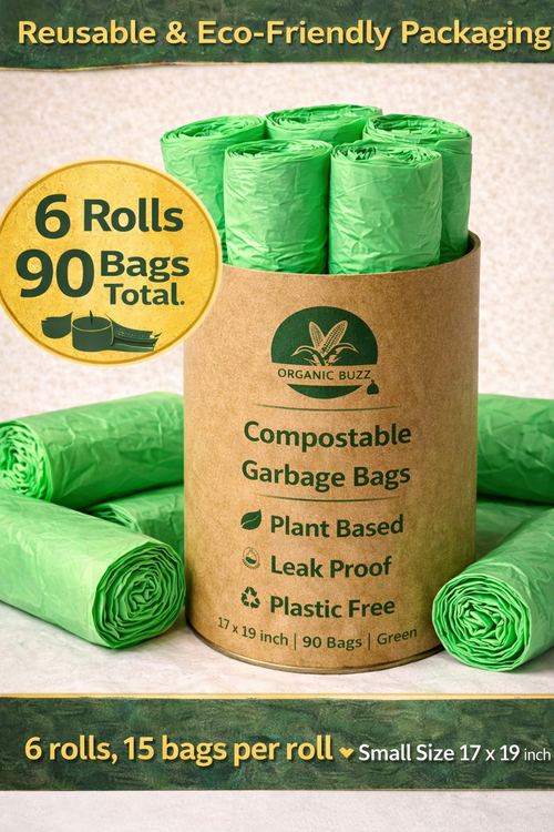Brand - Organic Buzz! - ECO Friendly Garbage Bags | Small - 90 Bags (6 Rolls, 15 bags each) | 17 X 19 Inches | Compostable & Biodegradable | Leak-Proof, No Smell | For Dry & Wet Waste Bag