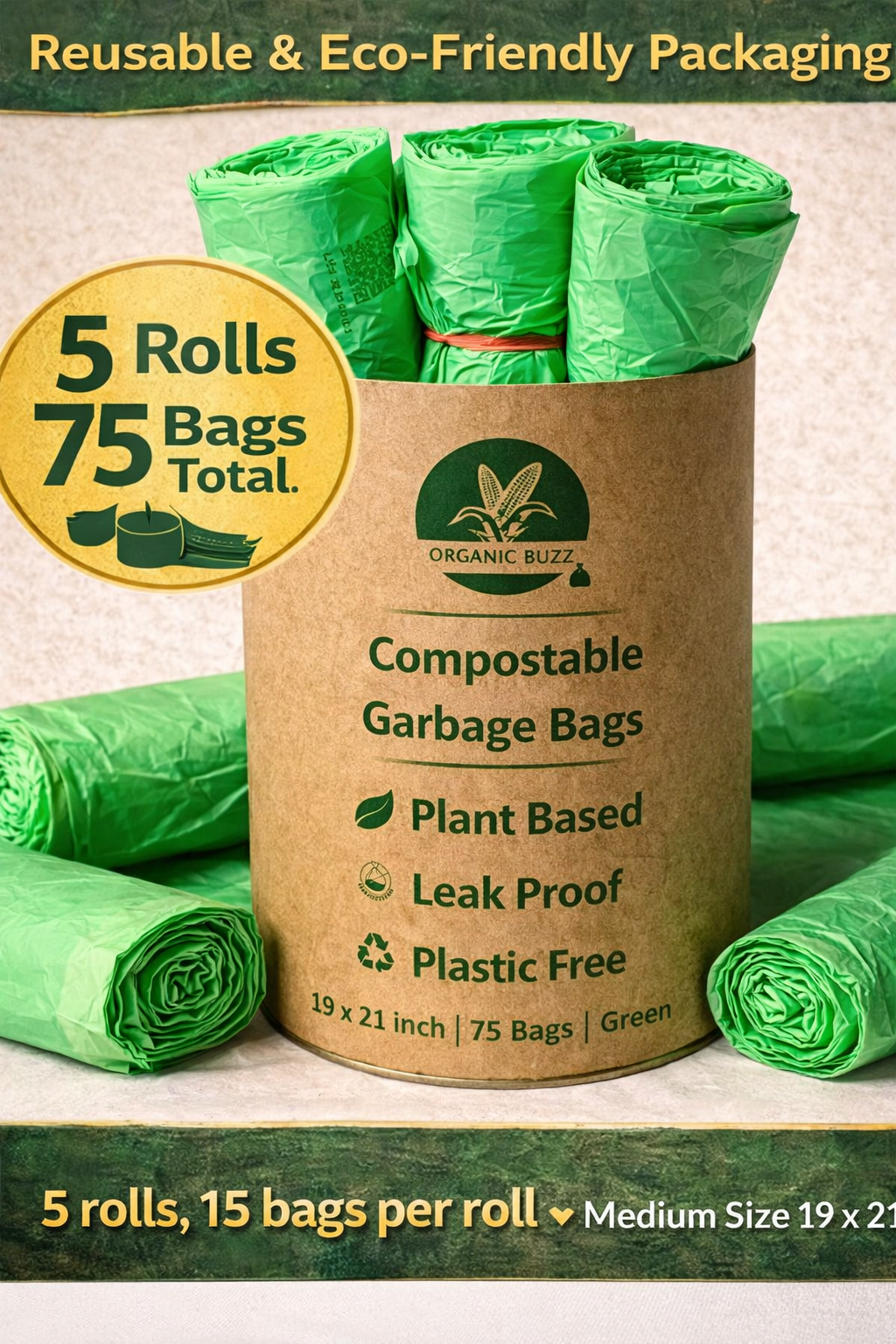 Brand - Organic Buzz! - ECO Friendly Garbage Bags | Medium - 75 Bags (5 Rolls, 15 bags each) | 19 X 21 Inches | Compostable & Biodegradable | For Dry & Wet Waste Bag Image 