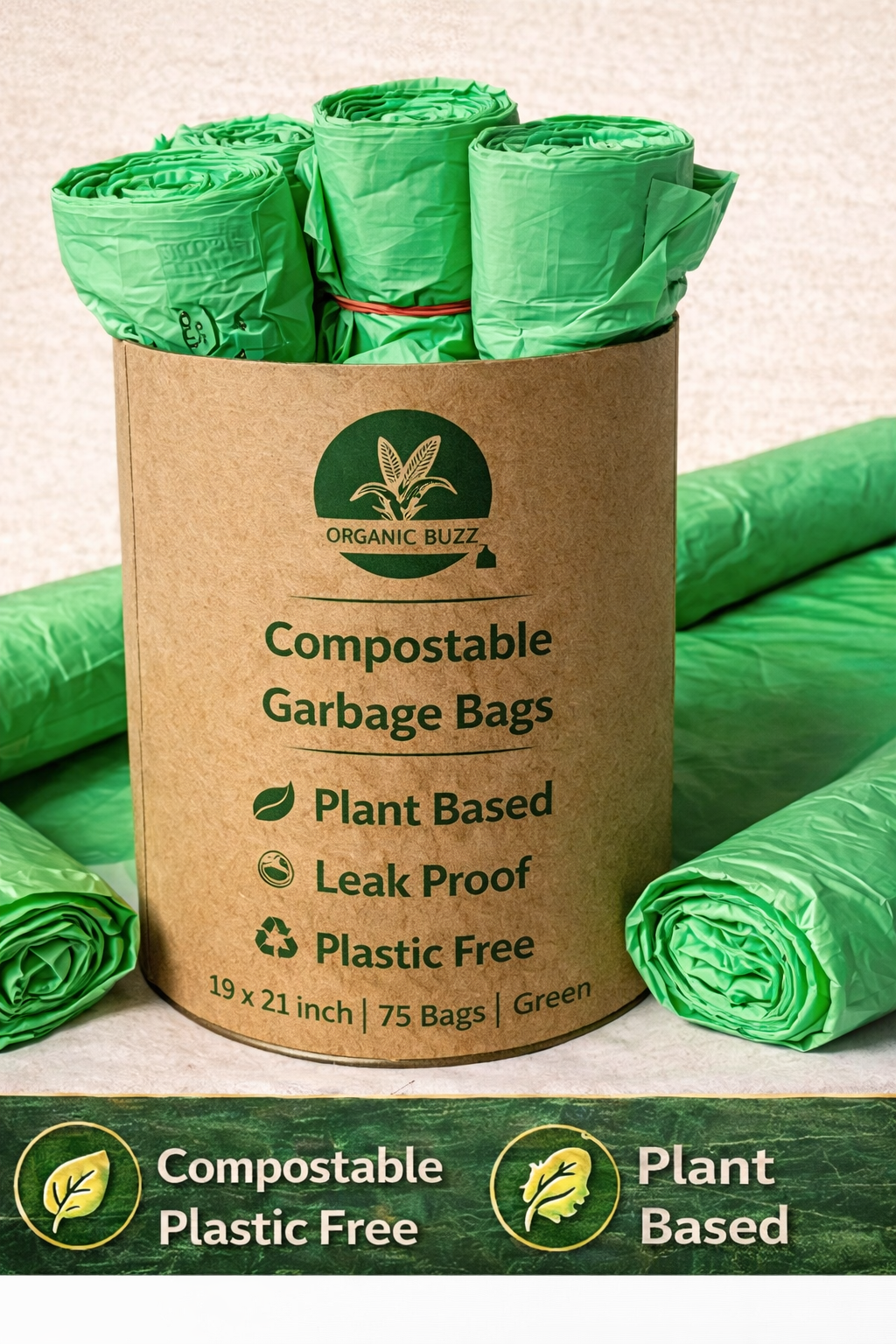 Brand - Organic Buzz! - ECO Friendly Garbage Bags | Medium - 75 Bags (5 Rolls, 15 bags each) | 19 X 21 Inches | Compostable & Biodegradable | For Dry & Wet Waste Bag Image 