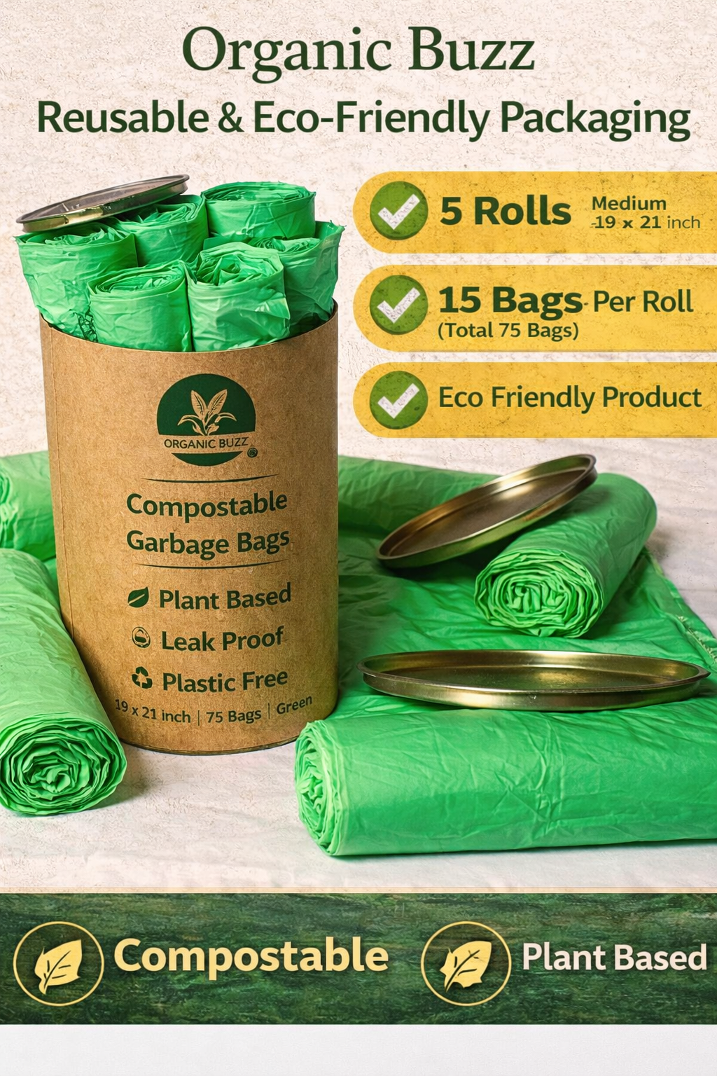 Brand - Organic Buzz! - ECO Friendly Garbage Bags | Medium - 75 Bags (5 Rolls, 15 bags each) | 19 X 21 Inches | Compostable & Biodegradable | For Dry & Wet Waste Bag