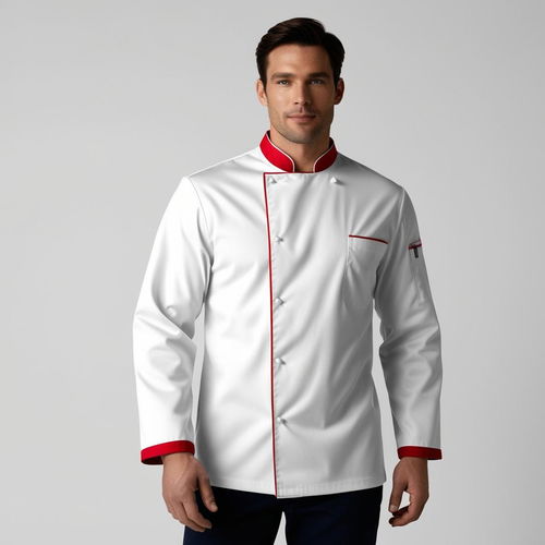 White Color with Red Piping Cotton Fabric Chef Coat Image