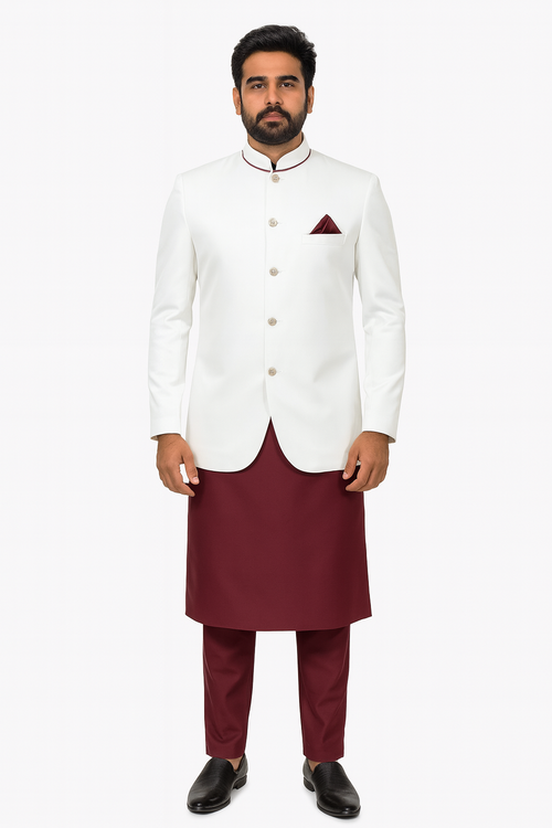 White with CherryRed color Catering/Stewards/Waiter Full Uniform Set Image