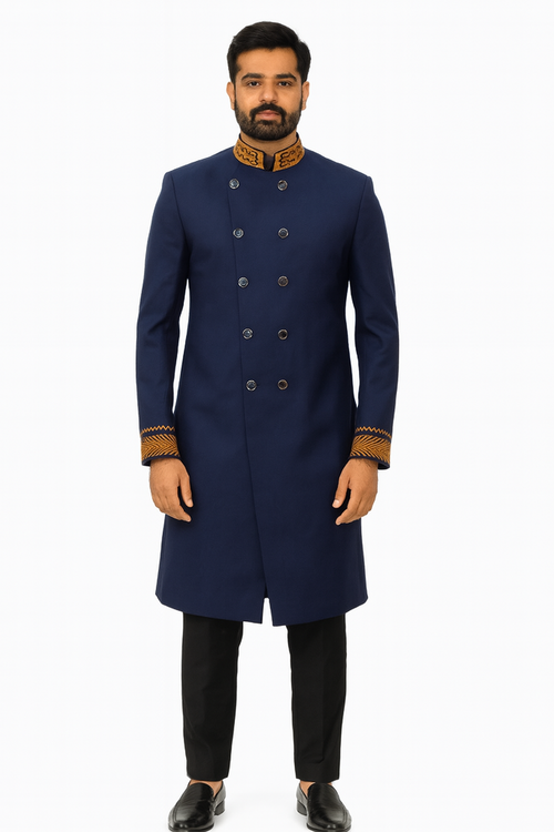 Royal Blue Solid Color with Golden Pattern double sided button Catering/Stewards/VIP Uniform Set Image