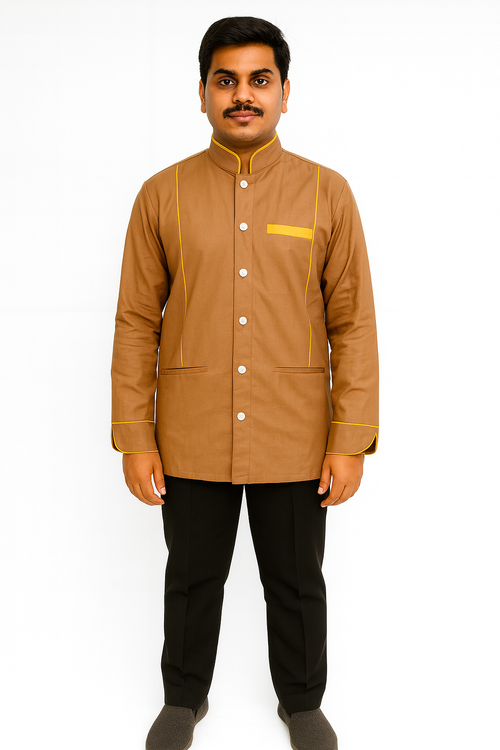 Brown Solid Color with Yellow Lining Housekeeping Uniform Set  Image
