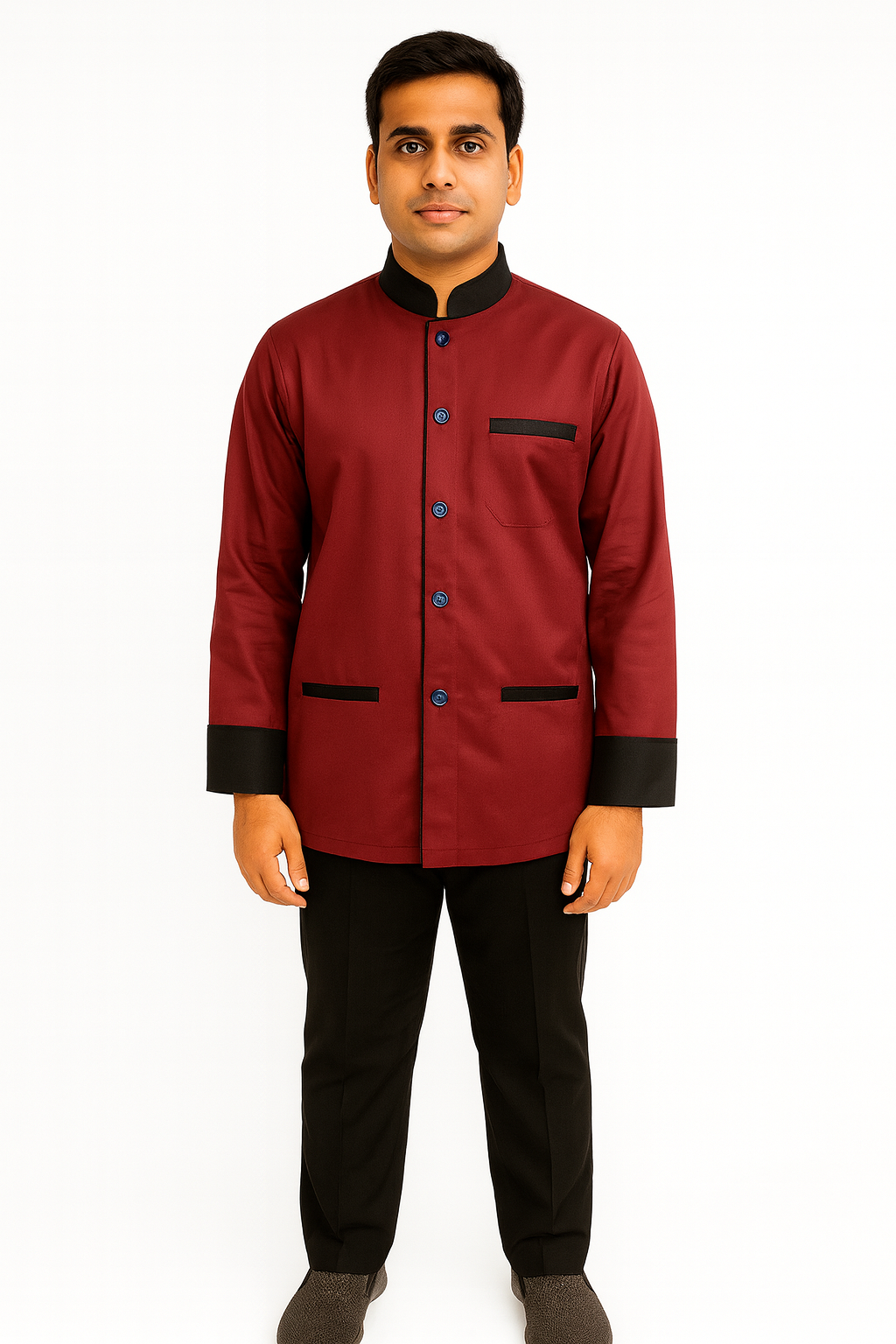 Red Color with Black Piping Cotton Fabric Housekeeping Uniform Set Image