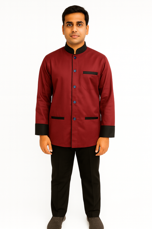 Red Color with Black Piping Cotton Fabric Housekeeping Uniform Set Image