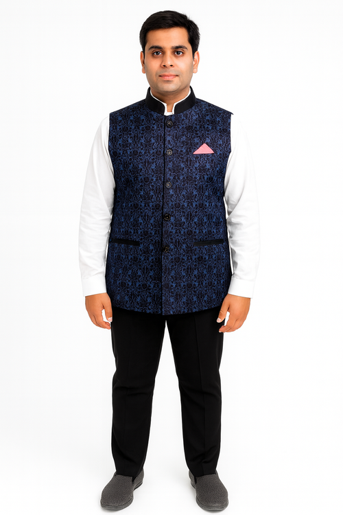 Dark Blue Mesh Pattern Satin Fabric Catering/Stewards/Waiter Waist Coat Image