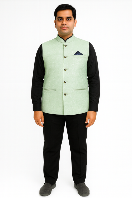 Shaded Green Mesh Pattern Satin Fabric Catering/Stewards/Waiter Service Coat Image