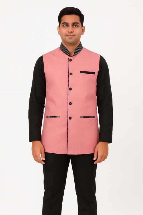 Pink Color Satin Fabric Mesh Pattern Catering/Stewards/Waiter Service Half Sleeve coat Image