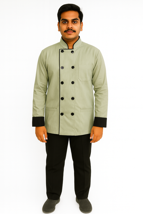 Pista Green with Black Piping Cotton Fabric Chef Coat Image