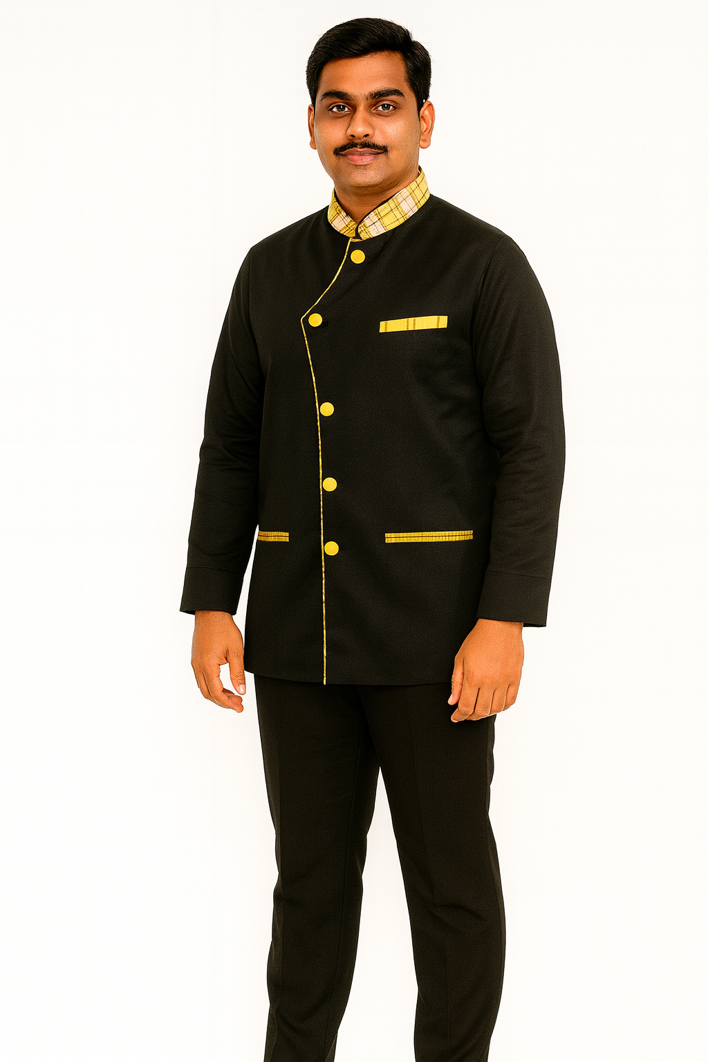 Black with Yellow checkered Design Cotton Fabric Chef Coat Image