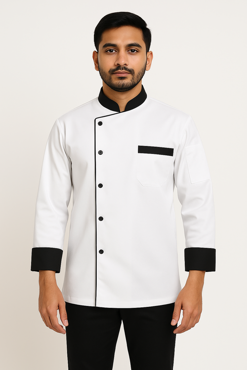 White with Black piping Cotton Fabric Chef Coat Image