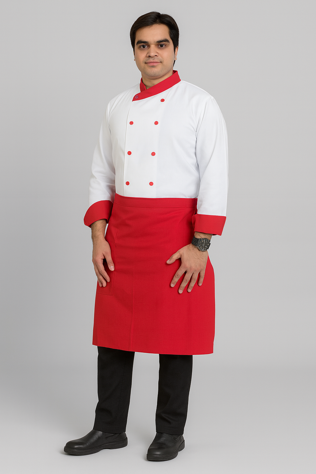 White with Red Cotton fabric Chef Coat with Apron Image