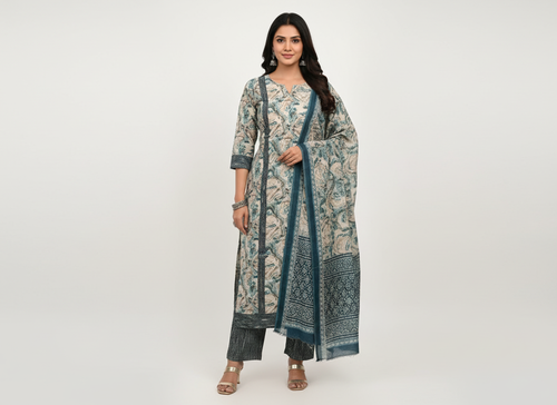 Blue Marble Print Kurti Set with Pant & Dupatta Image