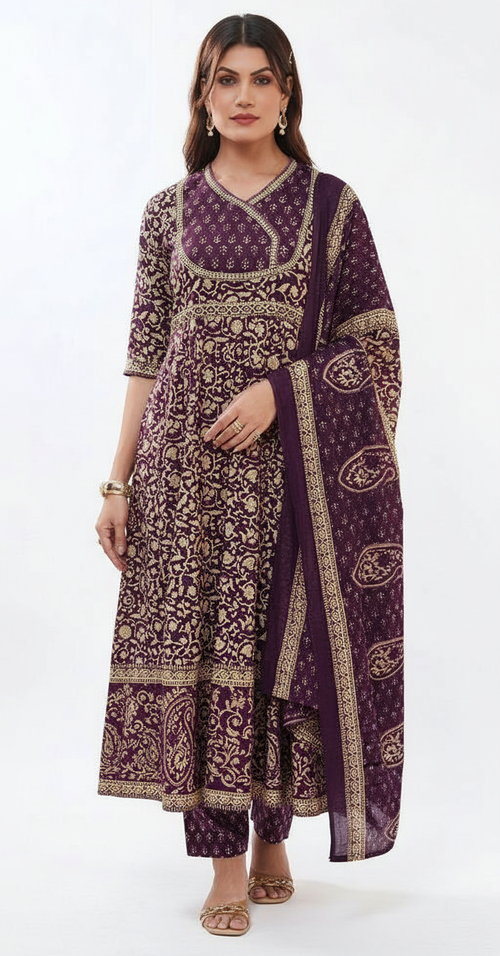Premium Maroon Gold Print Kurta Set with Pant & Dupatta Image