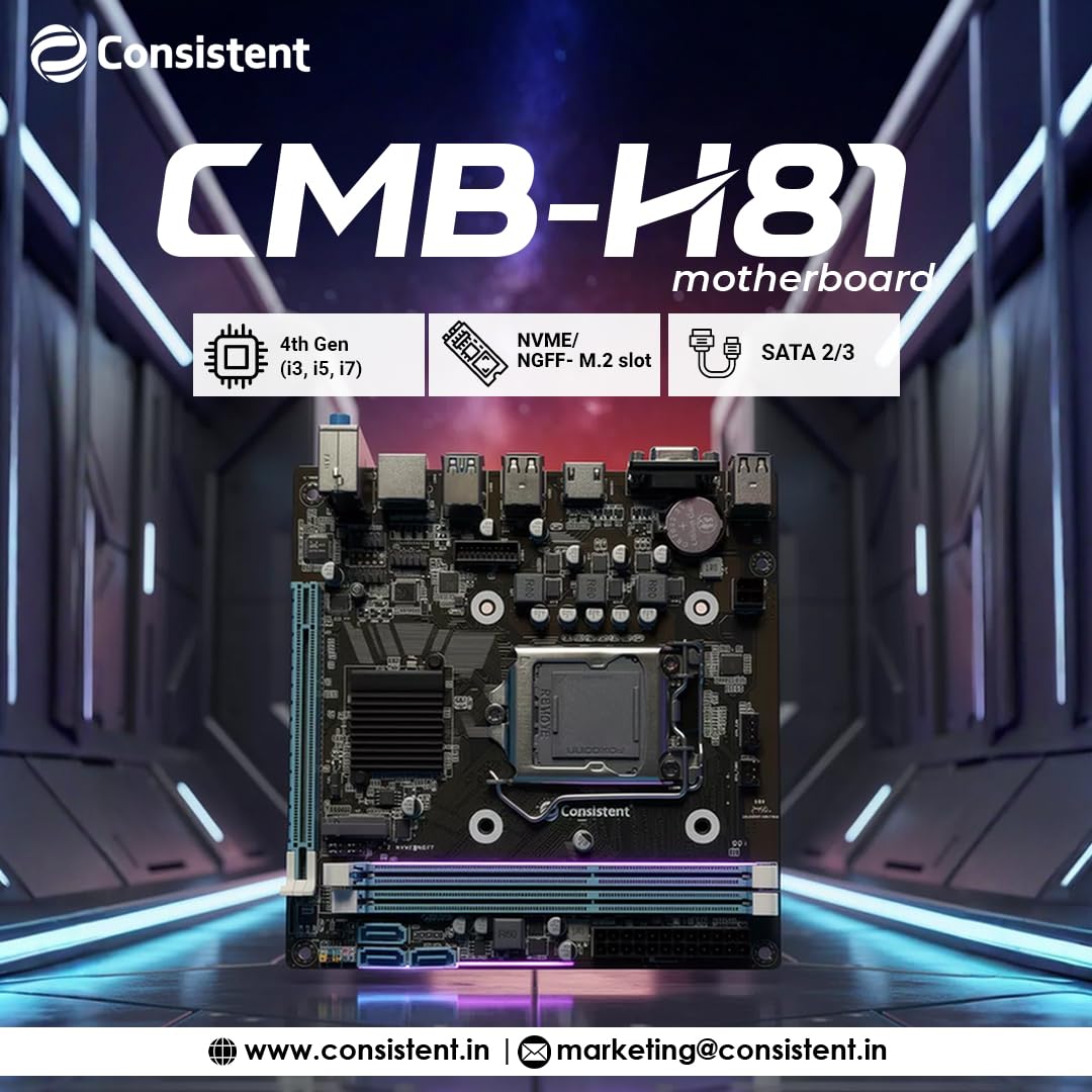 Consistent H81 Motherboard 4th Gen i3, i5, i7, DDR3 Slots for RAM, Motherboard with SATA II&III, 3Year Warranty Image 
