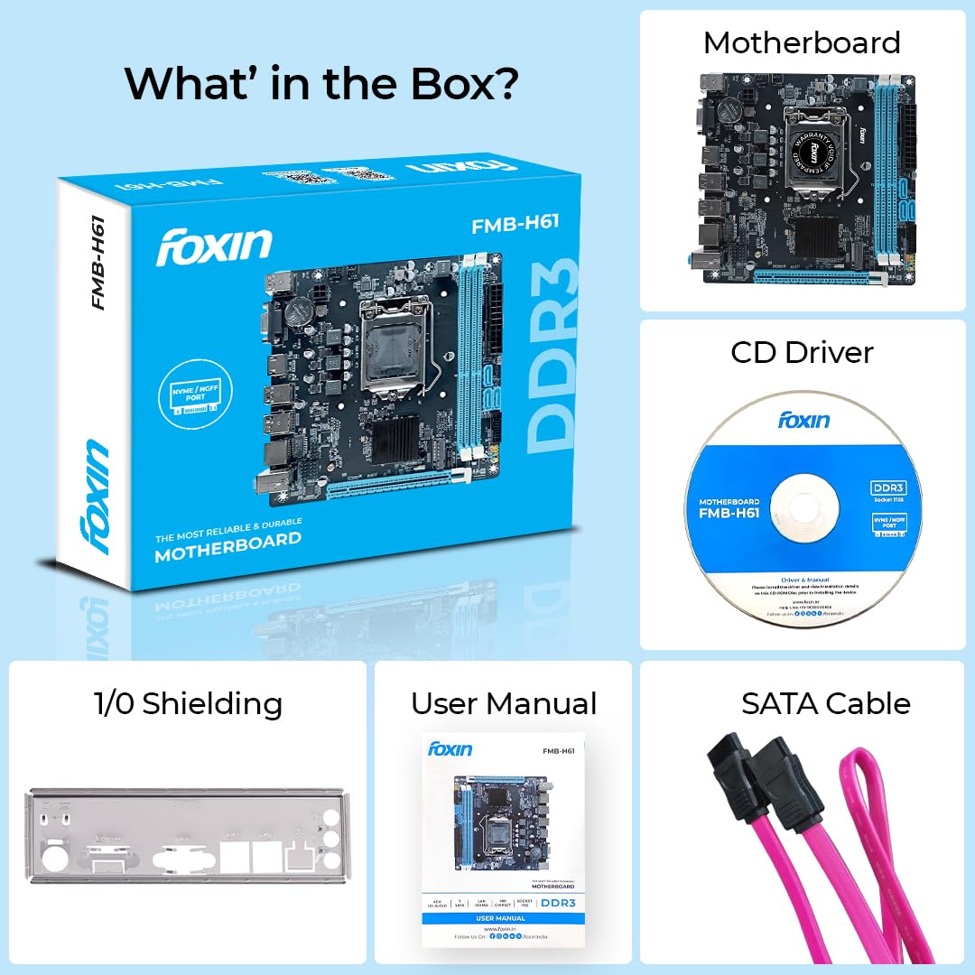 FOXIN H61 Motherboard Prime - LGA 1155 Socket with H4611 Chipset | Dual Channel DDR3 Max Memory Upto 16GB (8 GB x 2) RAM | CPU Supports LGA1155 Socket i3/i5/i7 Series CPU | NVME Port | for PC Image 