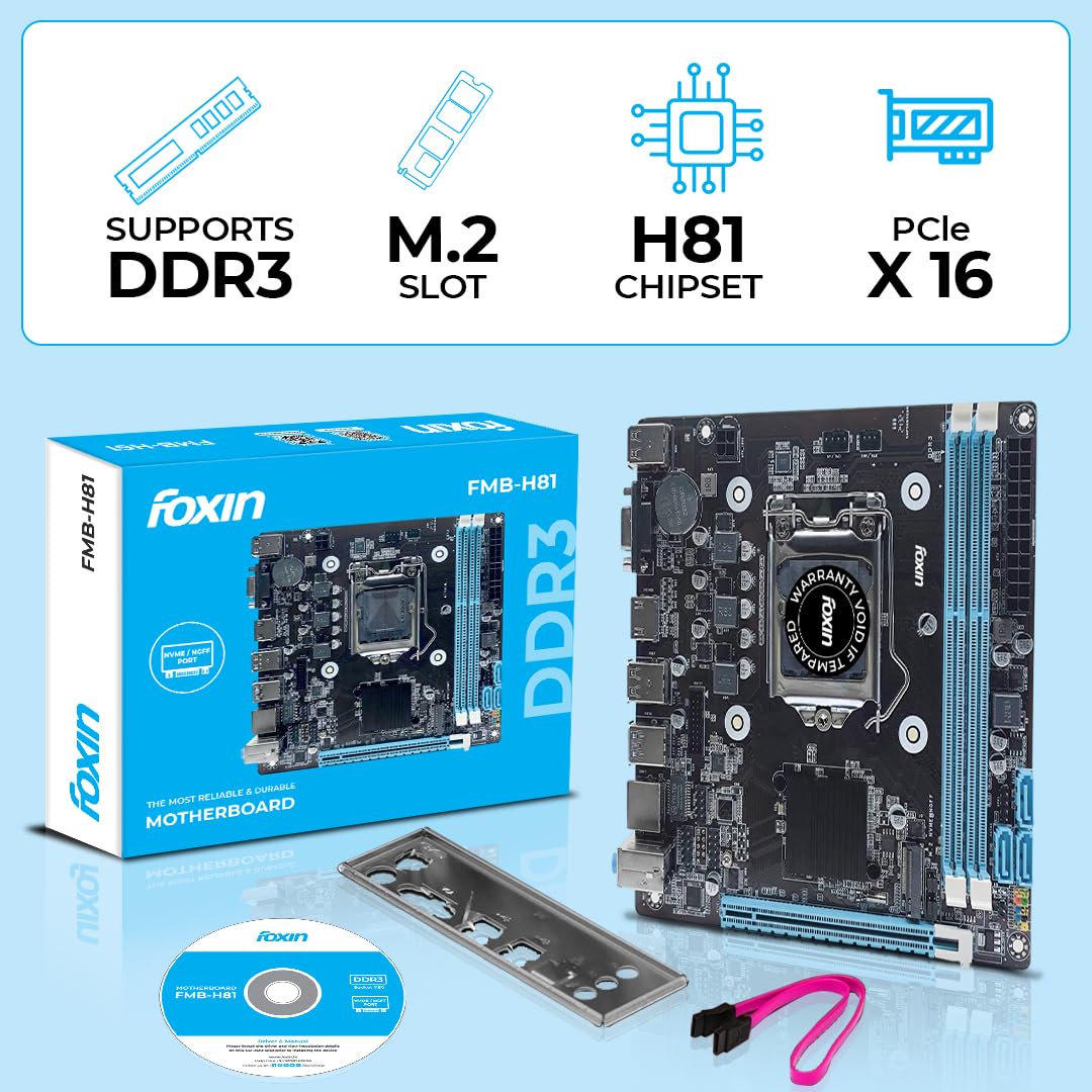 FOXIN H81 Motherboard Prime | LGA 1150 Socket | H81 Chipset | Dual Channel DDR3 RAM Support (Up to 16GB) | NVMe NGFF Slot | USB 3.0, HDMI, VGA | Supports 4th Gen Intel CPUs | for Desktop PC Image 