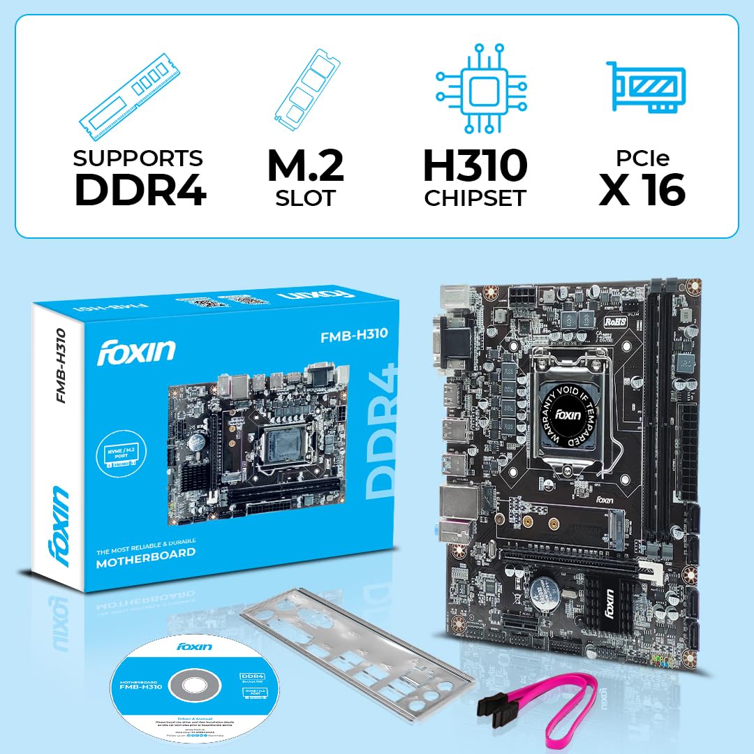 FOXIN FMB-H310 Prime Motherboard | H310 Chipset | Dual Channel DDR4 (Up to 32GB) | NVMe M.2 Port | LGA 1151 Socket | Supports Intel 8th & 9th Gen CPUs | HDMI, VGA, USB 3.0 | for Desktop PC Image 