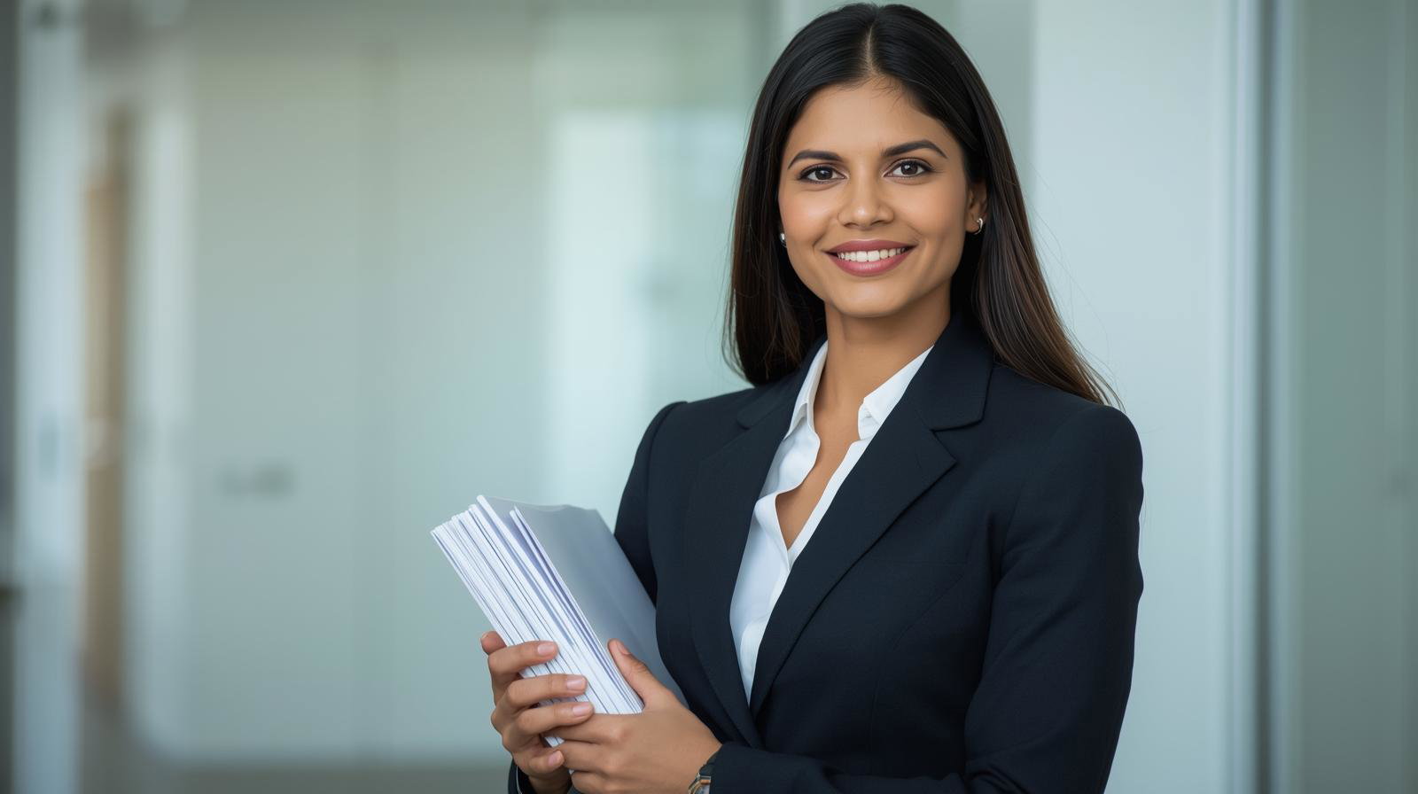 create picture of indian business women in suit and files in hand
