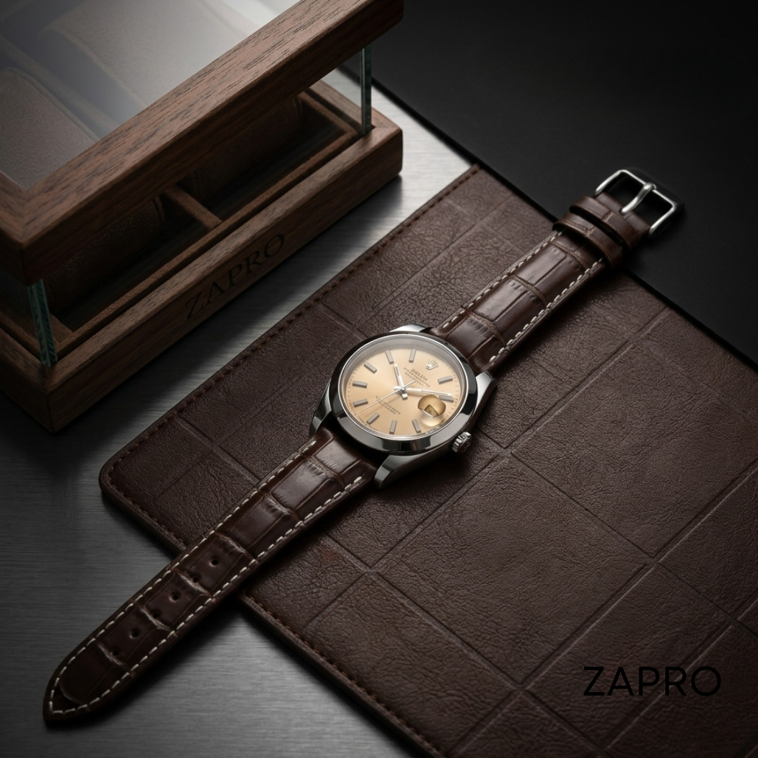 Combo 18mm Alligator-Embossed Brown & Milled Brown Leather Watch Straps 