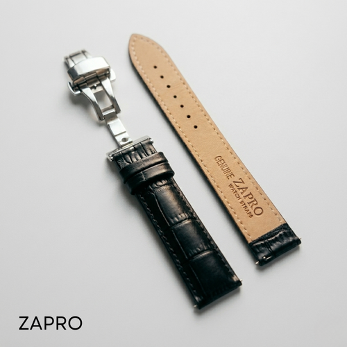 20mm Alligator Embossed Black Leather Watch Strap with Butterfly Clasp Image