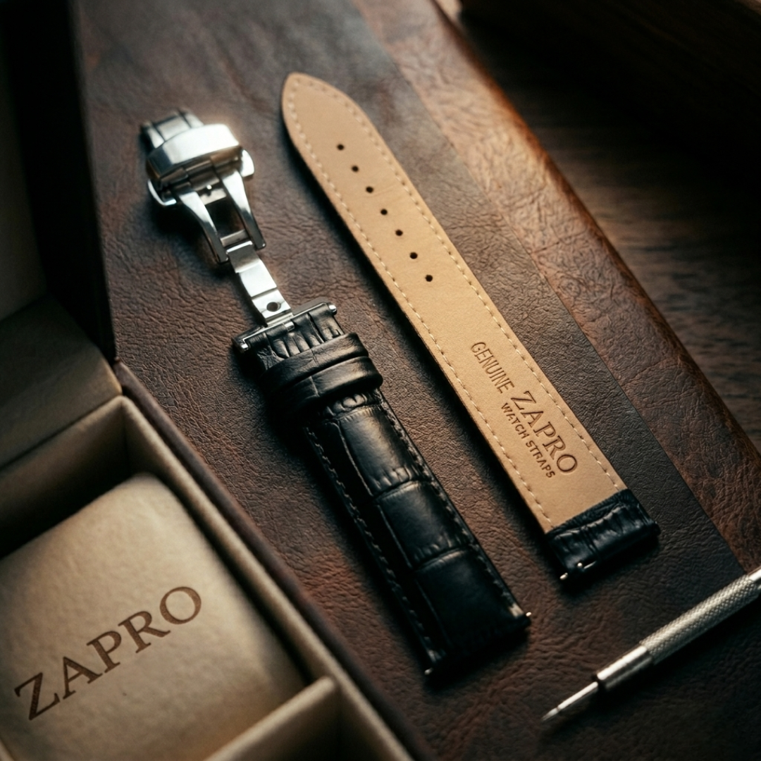 20mm Alligator Embossed Black Leather Watch Strap with Butterfly Clasp