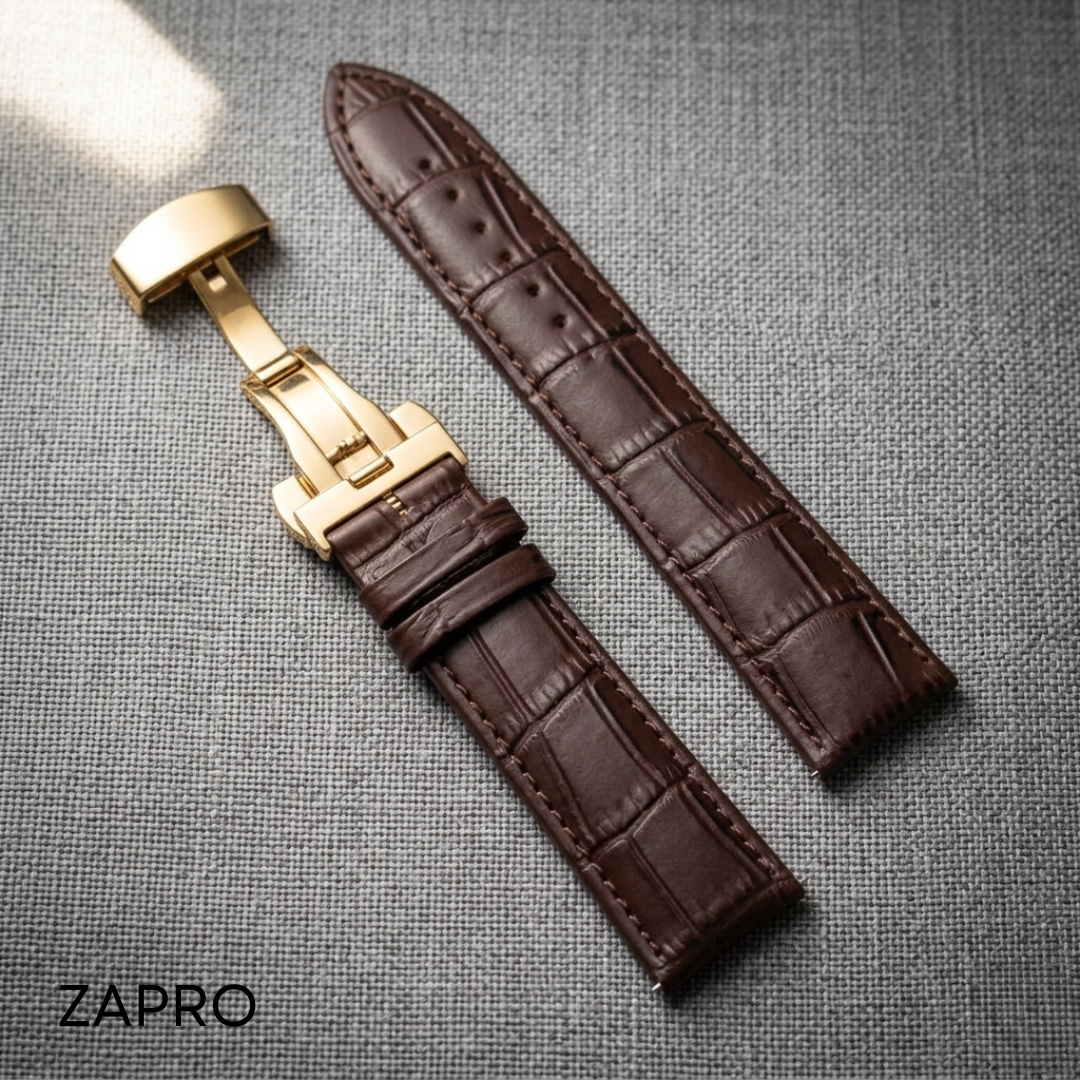 ZAPRO 22mm Brown Alligator Embossed Leather Watch Strap with Golden Butterfly Clasp Image