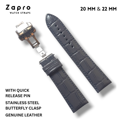20mm Alligator Embossed Grey Leather Watch Strap with Butterfly Clasp