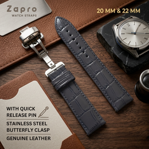20mm Alligator Embossed Grey Leather Watch Strap with Butterfly Clasp Image