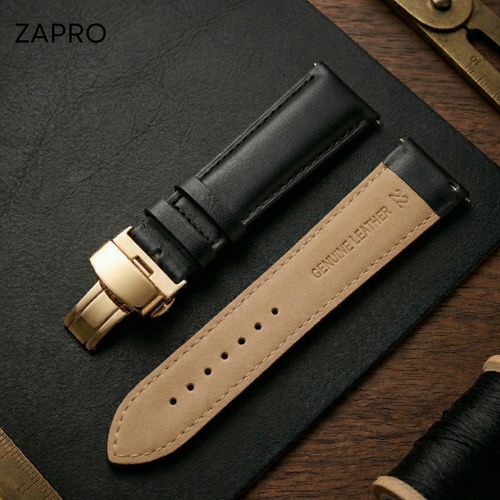 22mm Elegant Black Plain Leather Watch Strap with Golden Butterfly Clasp Image