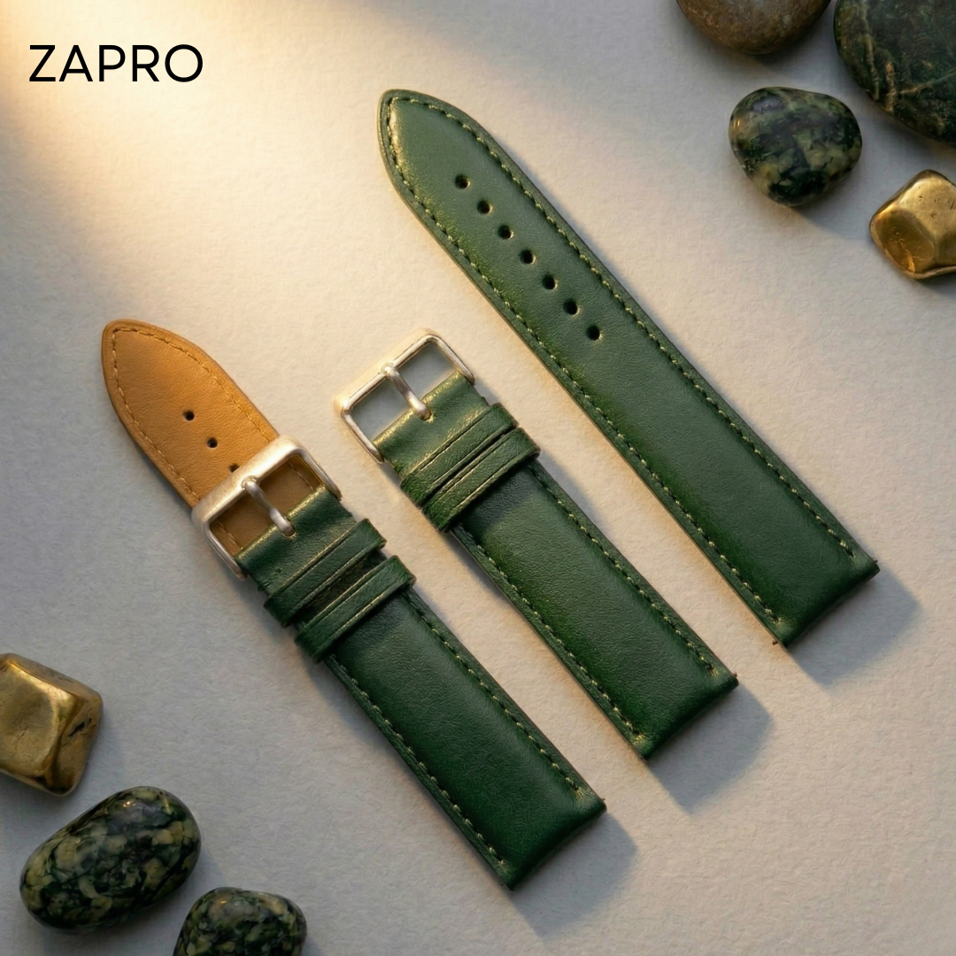 22mm Elegant Green Plain Leather Watch Strap Image