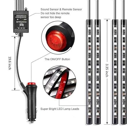 Car Atmosphere LED Lights 48 LED 12Volts DC Power Multicolor Car Interior Music Sync Interior Ambient Lighting for Footwell Dashboard Doors Universal for All Cars
