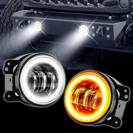 4 Inch White Amber Ring DRL Fog Light | Round LED White Light Fog Lamp Assembly | Dual Color White & Amber Ring | Universal Fit for All Cars