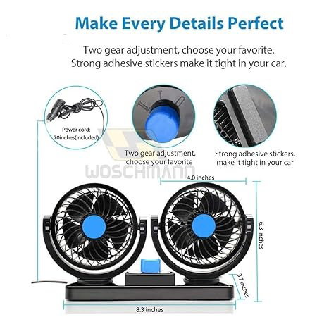 Mitchell 12V DC Dual Head Car Fan | 360° Rotatable Dashboard Cooling Fan | Powerful 2 Speed Auto Air Fan for Cars Image 