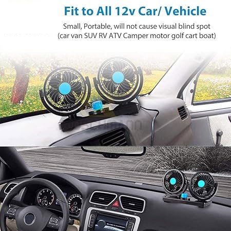 Mitchell 12V DC Dual Head Car Fan | 360° Rotatable Dashboard Cooling Fan | Powerful 2 Speed Auto Air Fan for Cars
