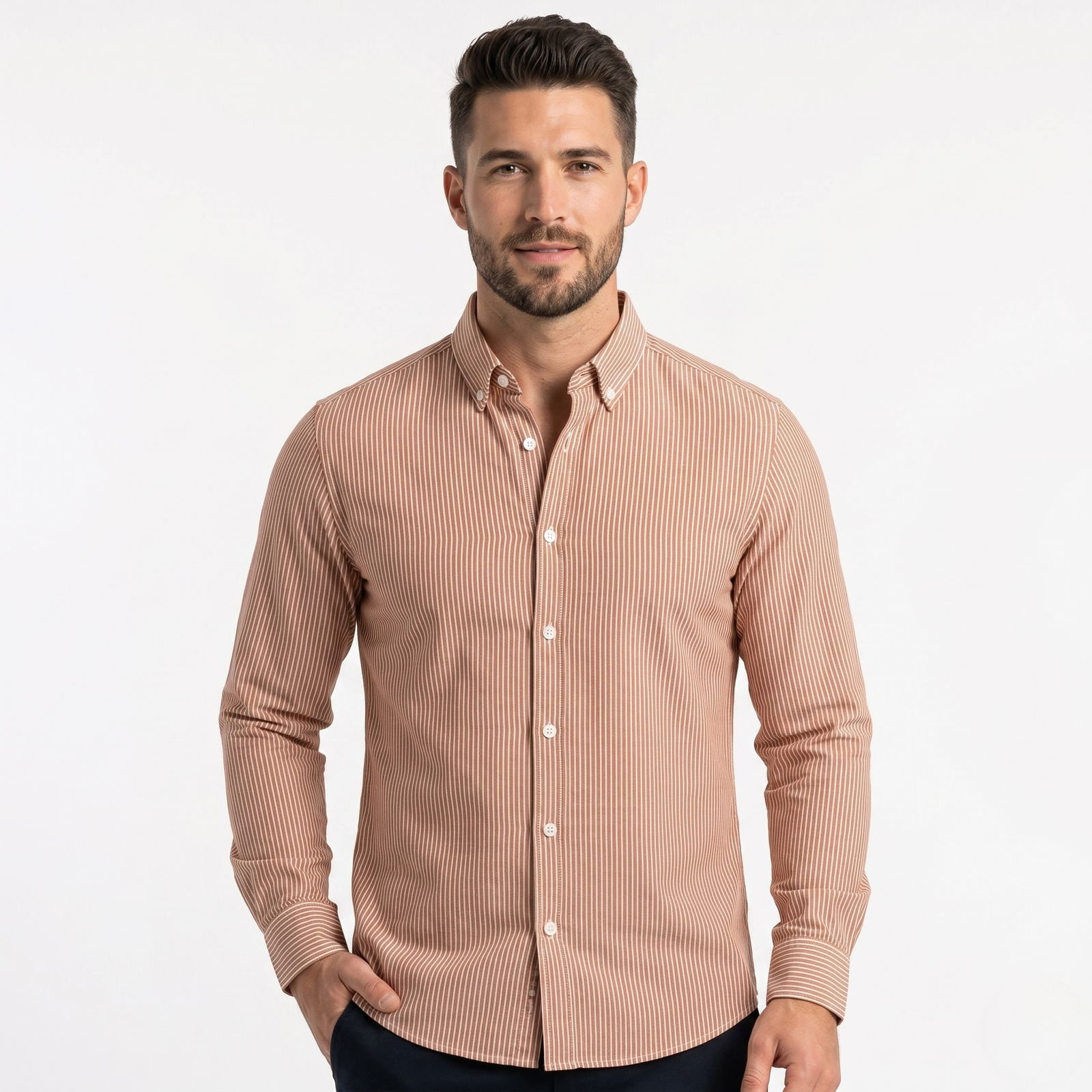 Men’s Premium Peach Stripe Button-Down Shirt – Slim Fit Casual Formal Long Sleeve Image