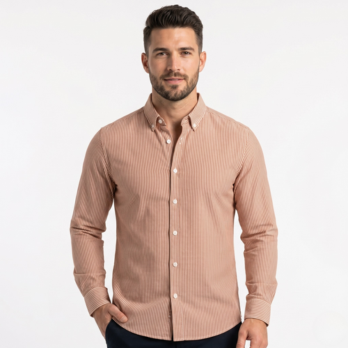 Men’s Premium Peach Stripe Button-Down Shirt – Slim Fit Casual Formal Long Sleeve