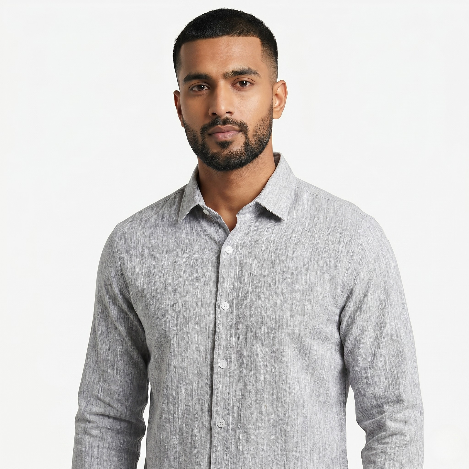 Men’s Light Grey Textured Slim Fit Full Sleeve Casual Formal Shirt Image