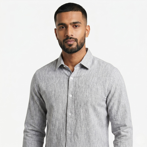Men’s Light Grey Textured Slim Fit Full Sleeve Casual Formal Shirt Image