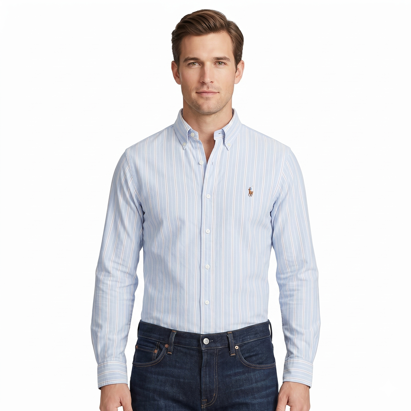 Polo Ralph Lauren Men’s Slim Fit Striped Oxford Shirt – Light Blue & White – Size M Image