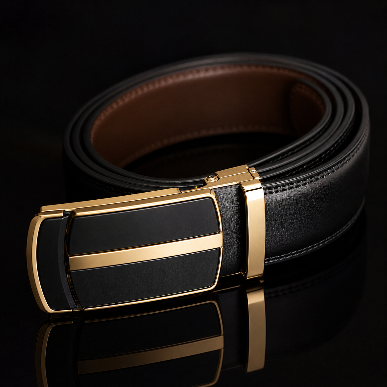 Luxurious black leather belt with gold buckle Image