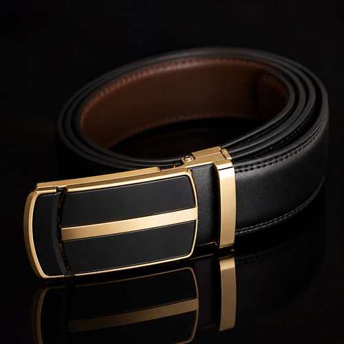 Luxurious black leather belt with gold buckle Image
